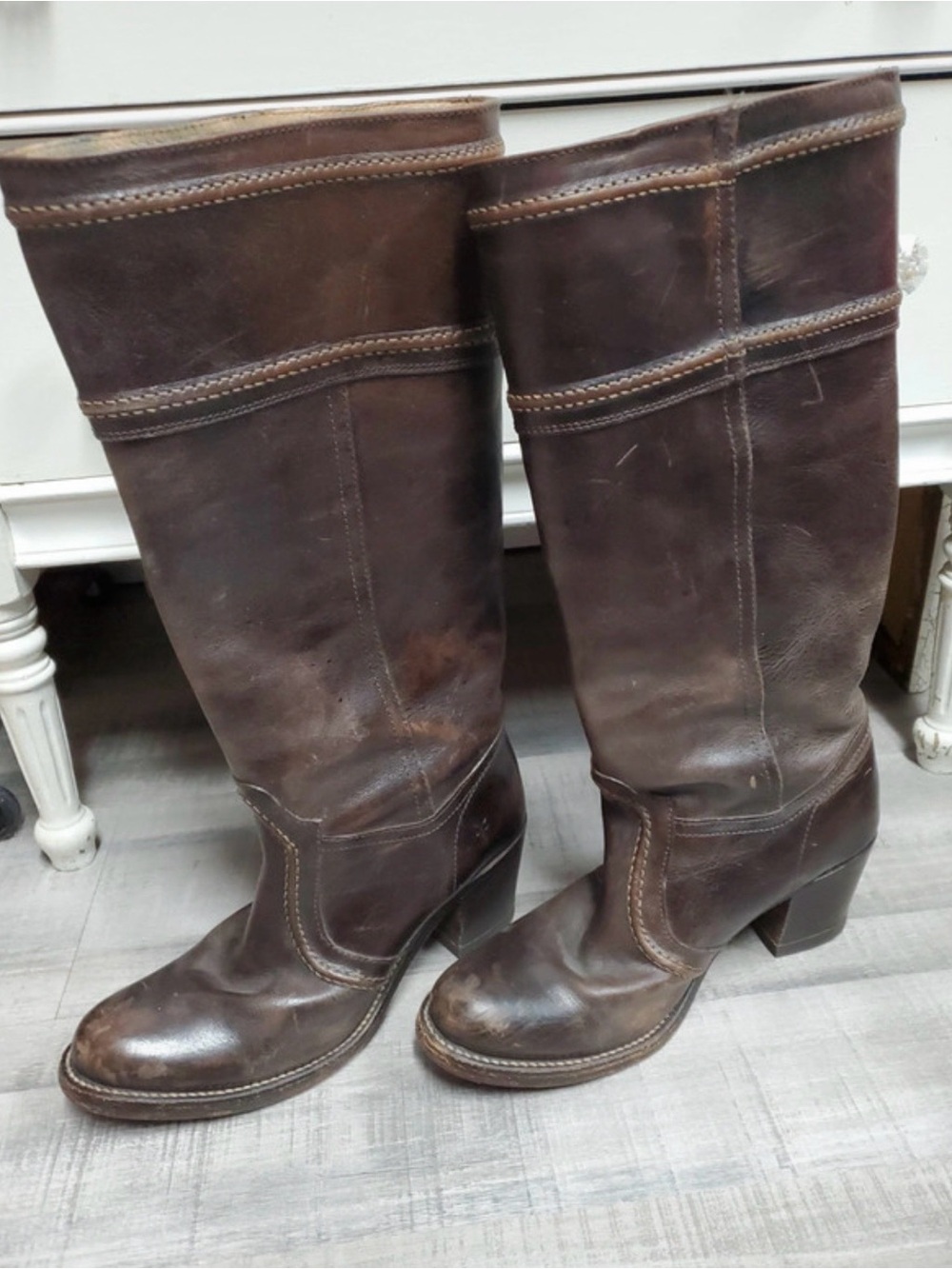Frye Dark Brown Leather Mid-Calf Heeled Riding Boots